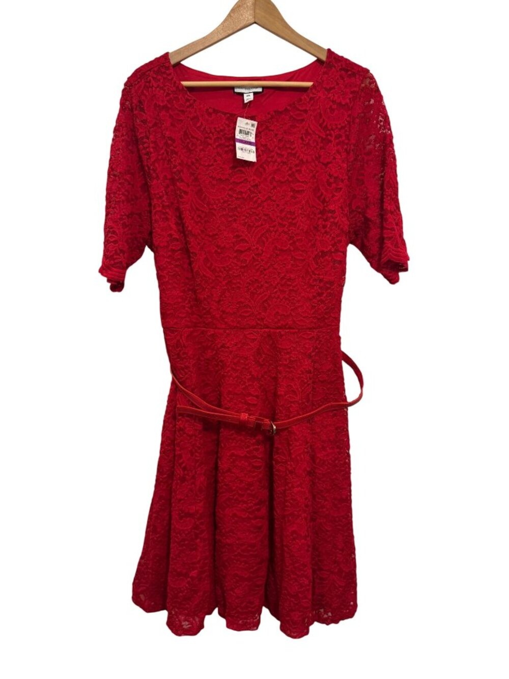 Charter club dress XXL Nouvelle Rose Red Lace Fit & Flare With Belt